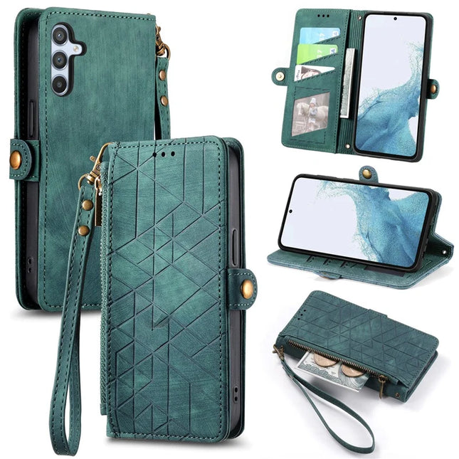 For Samsung Galaxy A56 5G Case Zipper Wallet Geometry Lines Leather Phone Cover - Green
