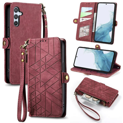 For Samsung Galaxy A56 5G Case Zipper Wallet Geometry Lines Leather Phone Cover - Red