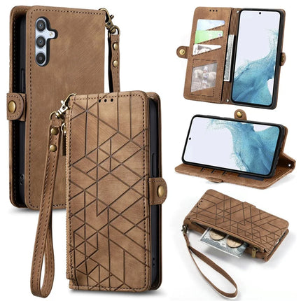 For Samsung Galaxy A56 5G Case Zipper Wallet Geometry Lines Leather Phone Cover - Brown