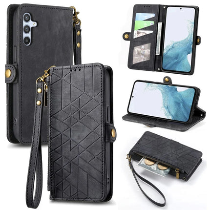 For Samsung Galaxy A56 5G Case Zipper Wallet Geometry Lines Leather Phone Cover - Black