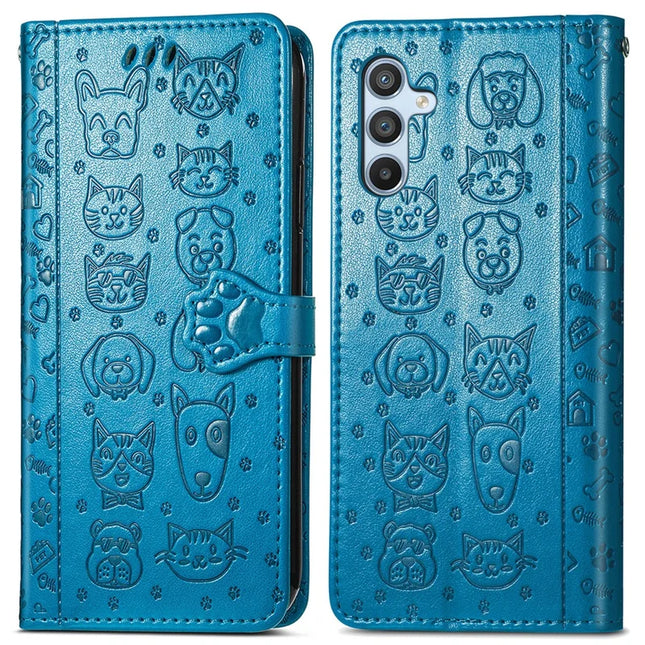 For Samsung Galaxy A56 5G Case Leather Wallet Flip Phone Cover Cute Cat Dog Pattern - Blue