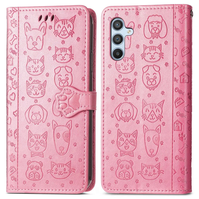 For Samsung Galaxy A56 5G Case Leather Wallet Flip Phone Cover Cute Cat Dog Pattern - Pink