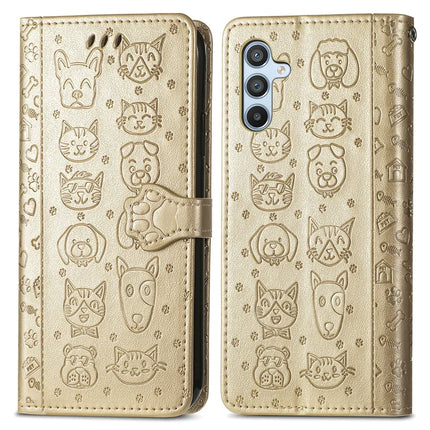 For Samsung Galaxy A56 5G Case Leather Wallet Flip Phone Cover Cute Cat Dog Pattern - Gold