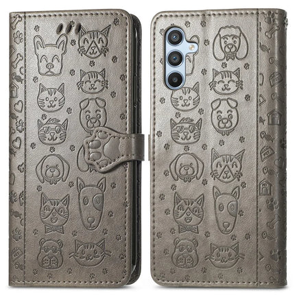 For Samsung Galaxy A56 5G Case Leather Wallet Flip Phone Cover Cute Cat Dog Pattern - Grey