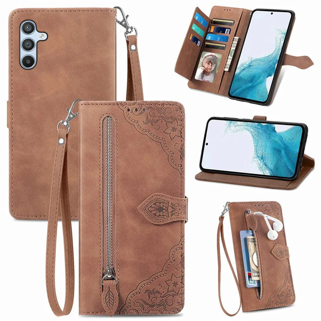 For Samsung Galaxy A36 5G / A56 5G Zipper Wallet Case Flower Imprint PU Leather Phone Cover with Strap - Brown