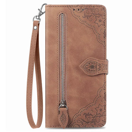 For Samsung Galaxy A36 5G / A56 5G Zipper Wallet Case Flower Imprint PU Leather Phone Cover with Strap