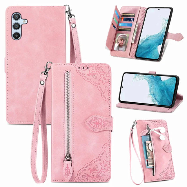 For Samsung Galaxy A36 5G / A56 5G Zipper Wallet Case Flower Imprint PU Leather Phone Cover with Strap - Pink