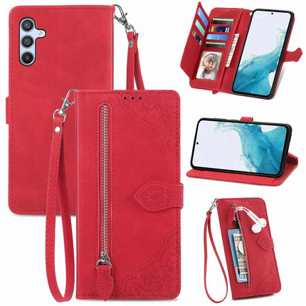For Samsung Galaxy A36 5G / A56 5G Zipper Wallet Case Flower Imprint PU Leather Phone Cover with Strap - Red