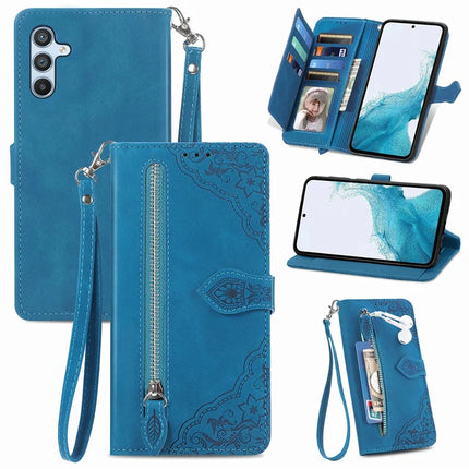 For Samsung Galaxy A36 5G / A56 5G Zipper Wallet Case Flower Imprint PU Leather Phone Cover with Strap - Blue