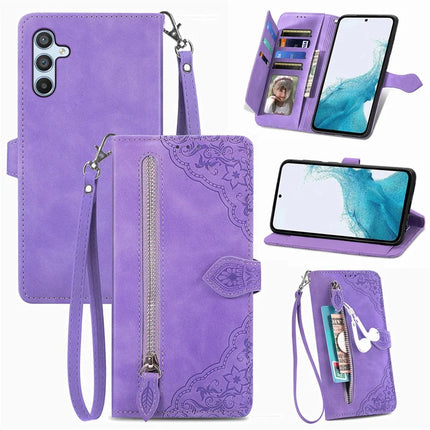 For Samsung Galaxy A36 5G / A56 5G Zipper Wallet Case Flower Imprint PU Leather Phone Cover with Strap - Light Purple