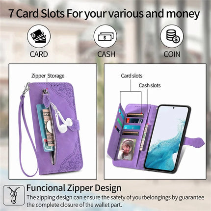 For Samsung Galaxy A36 5G / A56 5G Zipper Wallet Case Flower Imprint PU Leather Phone Cover with Strap