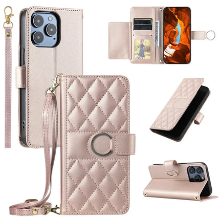 For iPhone 16 Pro Crossbody Leather Case Ring Buckle Wallet Stand Rhombus Mobile Cover - Rose Gold