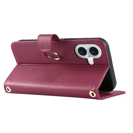 For iPhone 16 Plus Crossbody Leather Case Ring Buckle Wallet Stand Rhombus Mobile Cover