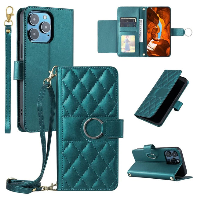 For iPhone 16 Pro Max Crossbody Leather Case Ring Buckle Wallet Stand Rhombus Mobile Cover - Green