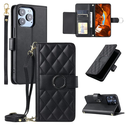For iPhone 16 Pro Max Crossbody Leather Case Ring Buckle Wallet Stand Rhombus Mobile Cover - Black