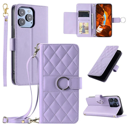 For iPhone 16 Pro Max Crossbody Leather Case Ring Buckle Wallet Stand Rhombus Mobile Cover - Purple