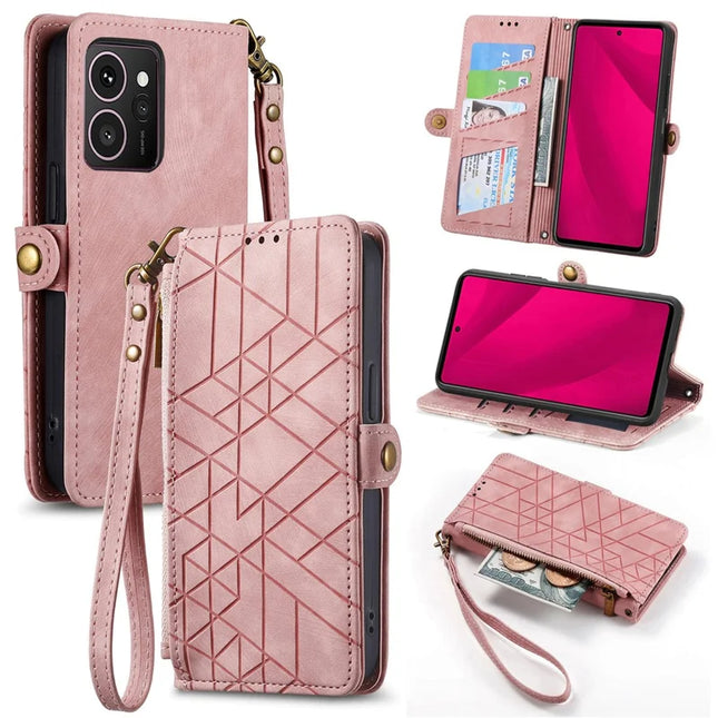 For HMD Skyline Case Zipper Wallet Geometry Lines Leather Phone Cover - Pink