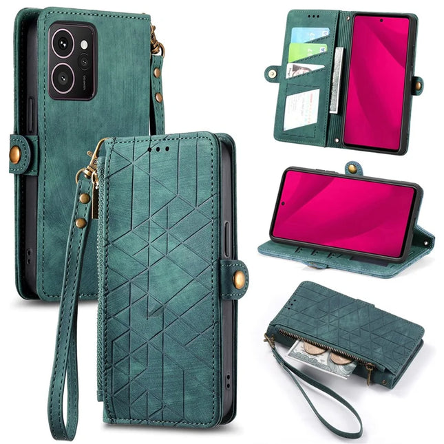 For HMD Skyline Case Zipper Wallet Geometry Lines Leather Phone Cover - Green