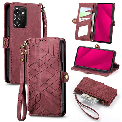 For HMD Skyline Case Zipper Wallet Geometry Lines Leather Phone Cover - Red
