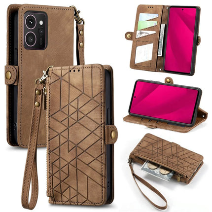 For HMD Skyline Case Zipper Wallet Geometry Lines Leather Phone Cover - Brown
