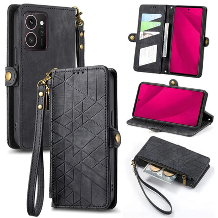 For HMD Skyline Case Zipper Wallet Geometry Lines Leather Phone Cover - Black