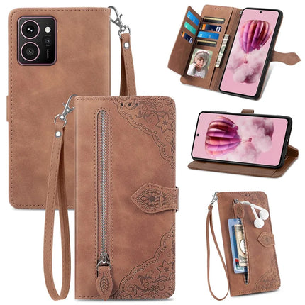 For HMD Skyline Zipper Wallet Case Flower Imprint PU Leather Phone Cover with Strap - Brown