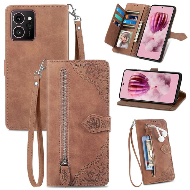 For HMD Skyline Zipper Wallet Case Flower Imprint PU Leather Phone Cover with Strap - Brown