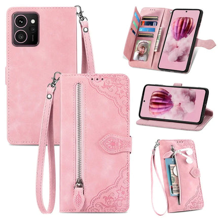 For HMD Skyline Zipper Wallet Case Flower Imprint PU Leather Phone Cover with Strap - Pink
