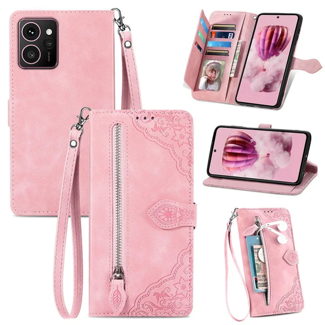 For HMD Skyline Zipper Wallet Case Flower Imprint PU Leather Phone Cover with Strap - Pink