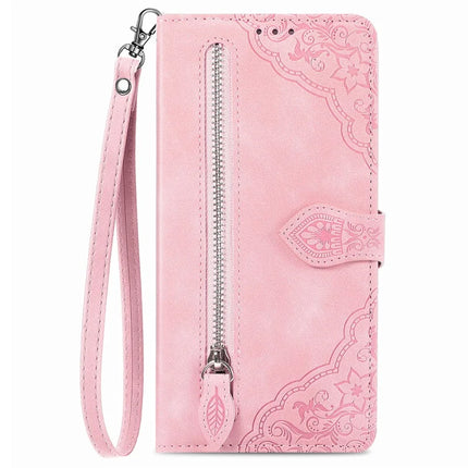 For HMD Skyline Zipper Wallet Case Flower Imprint PU Leather Phone Cover with Strap