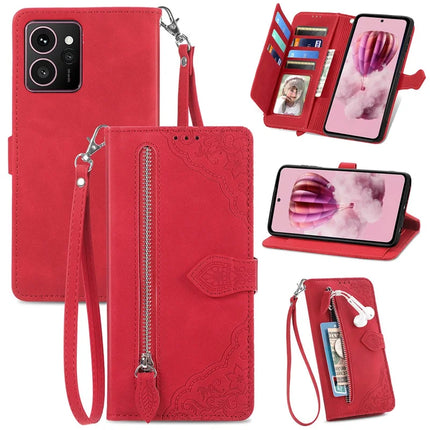 For HMD Skyline Zipper Wallet Case Flower Imprint PU Leather Phone Cover with Strap - Red