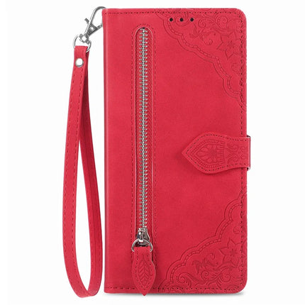 For HMD Skyline Zipper Wallet Case Flower Imprint PU Leather Phone Cover with Strap