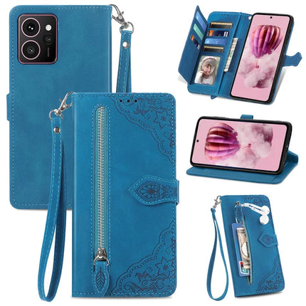 For HMD Skyline Zipper Wallet Case Flower Imprint PU Leather Phone Cover with Strap - Blue
