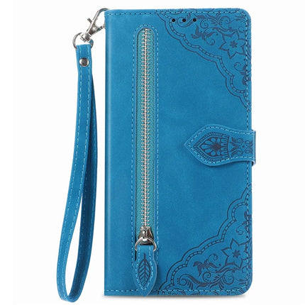 For HMD Skyline Zipper Wallet Case Flower Imprint PU Leather Phone Cover with Strap