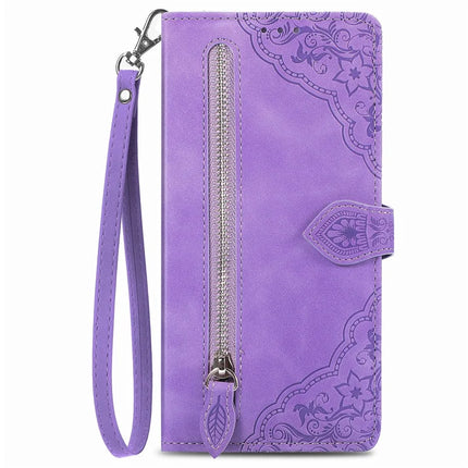 For HMD Skyline Zipper Wallet Case Flower Imprint PU Leather Phone Cover with Strap