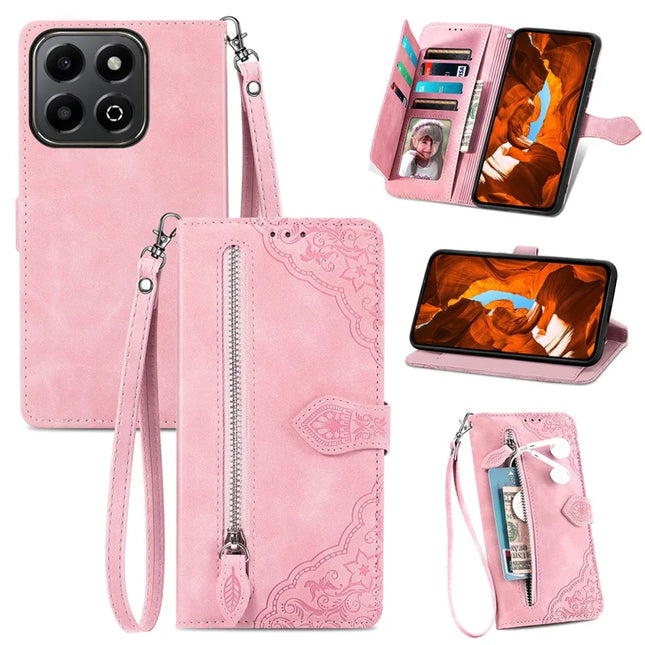 For Honor 200 Smart 5G / X7c 4G Zipper Wallet Case Flower Imprint PU Leather Phone Cover with Strap - Pink