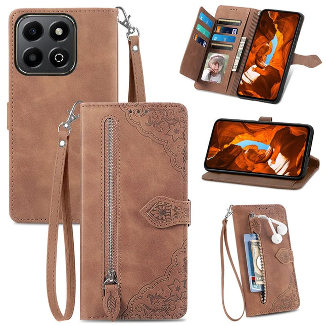 For Honor 200 Smart 5G / X7c 4G Zipper Wallet Case Flower Imprint PU Leather Phone Cover with Strap - Brown
