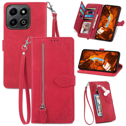 For Honor 200 Smart 5G / X7c 4G Zipper Wallet Case Flower Imprint PU Leather Phone Cover with Strap - Red