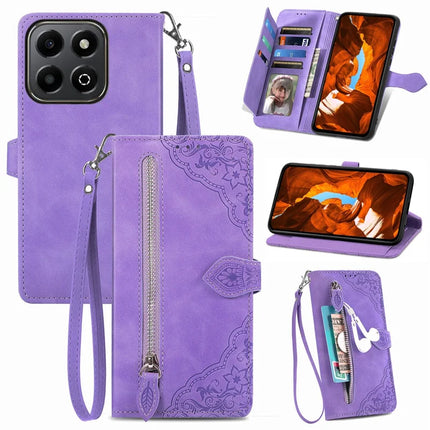 For Honor 200 Smart 5G / X7c 4G Zipper Wallet Case Flower Imprint PU Leather Phone Cover with Strap - Light Purple