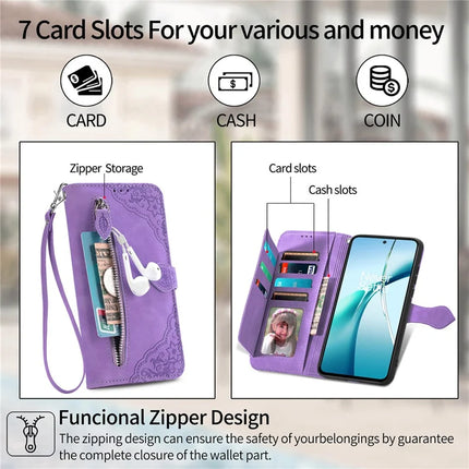 For Honor 200 Smart 5G / X7c 4G Zipper Wallet Case Flower Imprint PU Leather Phone Cover with Strap