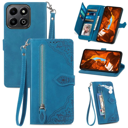 For Honor 200 Smart 5G / X7c 4G Zipper Wallet Case Flower Imprint PU Leather Phone Cover with Strap - Blue
