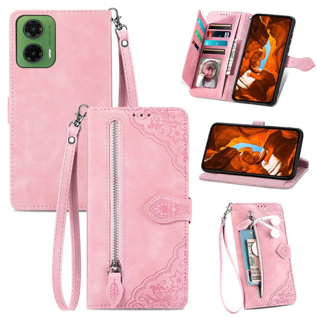 For Motorola Moto G35 5G Case Zipper Wallet PU Leather Flower Imprint Phone Cover - Pink