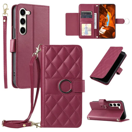 For Samsung Galaxy S23 Crossbody Leather Case Ring Buckle Wallet Stand Rhombus Mobile Cover - Red