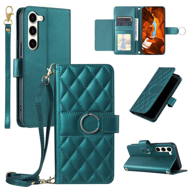 For Samsung Galaxy S23 Crossbody Leather Case Ring Buckle Wallet Stand Rhombus Mobile Cover - Green