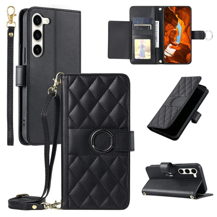 For Samsung Galaxy S23 Crossbody Leather Case Ring Buckle Wallet Stand Rhombus Mobile Cover - Black