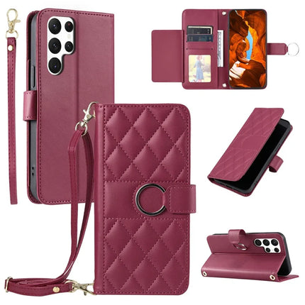 For Samsung Galaxy S23 Ultra Crossbody Leather Case Ring Buckle Wallet Stand Rhombus Mobile Cover - Red