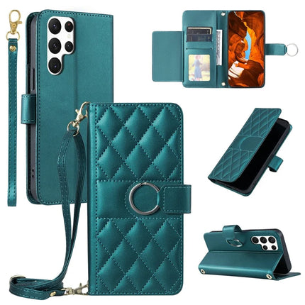 For Samsung Galaxy S23 Ultra Crossbody Leather Case Ring Buckle Wallet Stand Rhombus Mobile Cover - Green