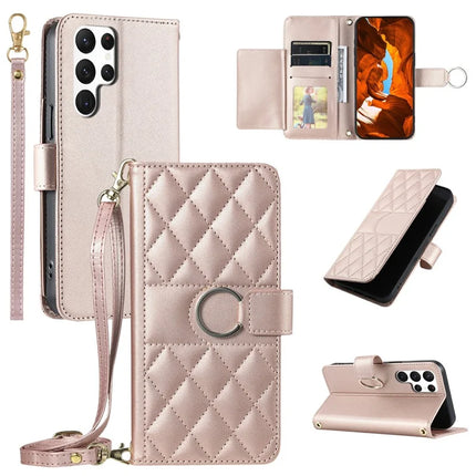 For Samsung Galaxy S23 Ultra Crossbody Leather Case Ring Buckle Wallet Stand Rhombus Mobile Cover - Rose Gold