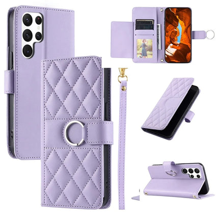 For Samsung Galaxy S23 Ultra Crossbody Leather Case Ring Buckle Wallet Stand Rhombus Mobile Cover - Purple