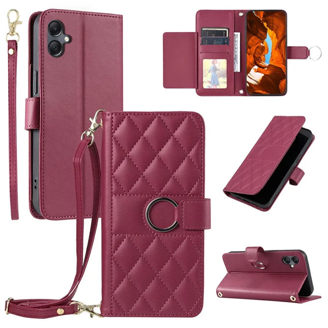 For Samsung Galaxy A05 4G Crossbody Leather Case Ring Buckle Wallet Stand Rhombus Mobile Cover - Red